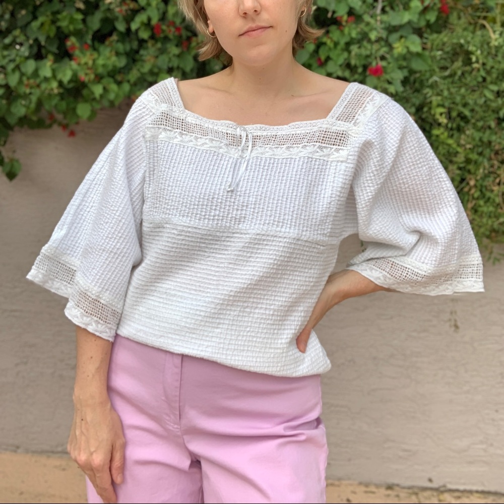 a.n.a. White Boho Lace Trim Top with Square Neckline